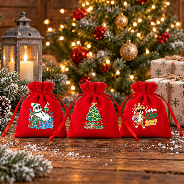 Small Christmas Gift Bags – Red Velvet Drawstring Pouches 4" × 5" (10 × 13 cm) with Rose Top, 18 Christmas & New Year 2027 Designs - Pamusan.com