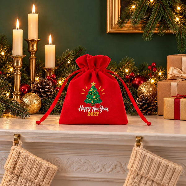 Small Christmas Gift Bags – Red Velvet Drawstring Pouches 4" × 5" (10 × 13 cm) with Rose Top, 18 Christmas & New Year 2027 Designs - Pamusan.com