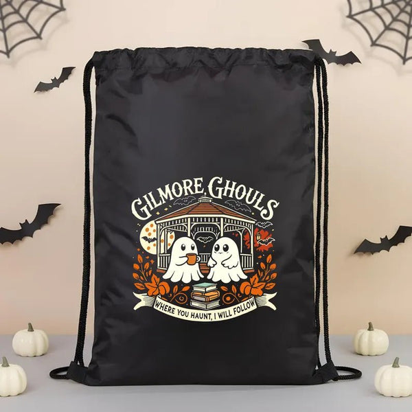 Trick or Treat Drawstring Bags – Black Waterproof Backpack with Spooky Prints - Pamusan.com