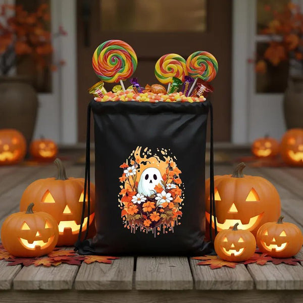 Trick or Treat Drawstring Bags – Black Waterproof Backpack with Spooky Prints - Pamusan.com