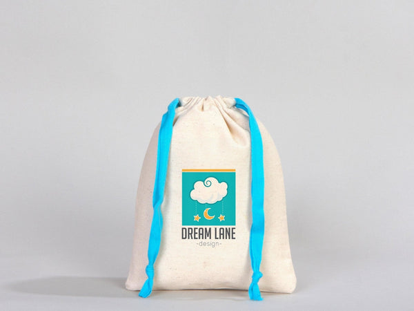 Turquoise Drawstring Custom Muslin Bags 6"W x 8"H  Organic Cotton Pouch Bag, Bridal Shower Bag — custom print | Pamusan
