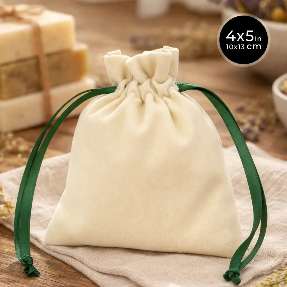 Velvet Rose Drawstring Pouch with Green Ribbon – 4" × 5" (10 × 13 cm) - Pamusan.com
