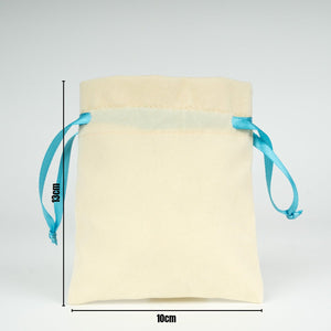 Beige drawstring bag with blue drawstrings and measurements on a light gray background