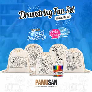 Washable Drawstring Fun Set | 5 Colorable Drawstring Bags 14"x16"+ 12 - Color Marker Set - Pamusan.com