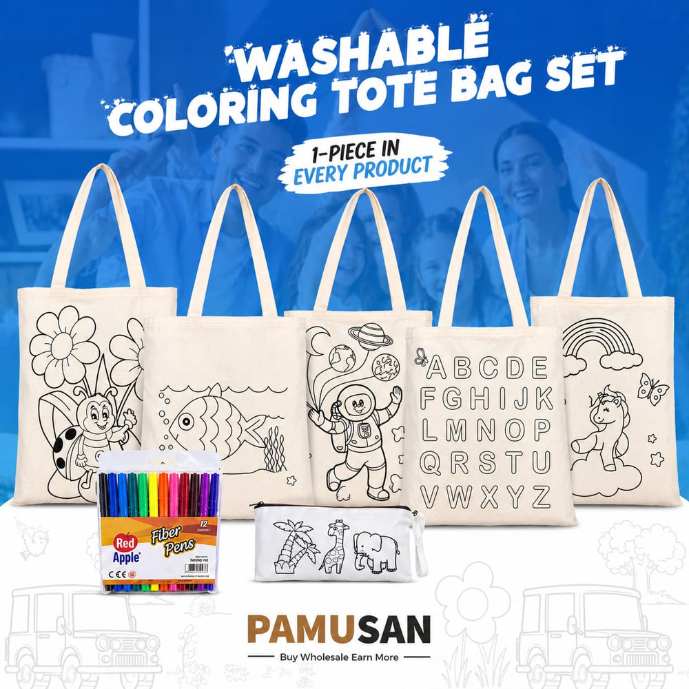 Washable Kids Coloring Tote Bag Set – 5 Reusable Cotton Bags, Pencil Case & 12 Color Markers - Pamusan.com