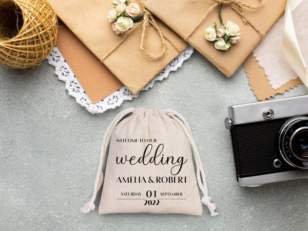 Custom Cotton Drawstring Pouches for Wedding Parties - Personalized Favor Bags - Pamusan.com
