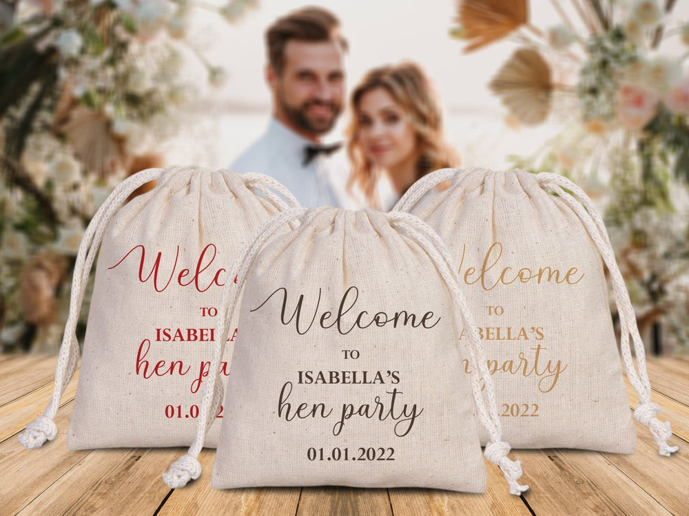 Welcome to the Wedding Pouches, Custom Bridal Party Drawstring Bags – Bridesmaid Cotton Favor Sacks - Pamusan.com
