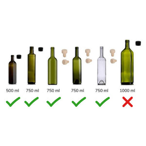 Comparison of wine bottles with different capacities and cork placements on a white background.