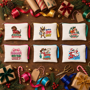 Wristlet Pouch Bulk – Christmas & New Year 2027 Makeup Bags in 6 Zipper Colors, 9 Designs, 8.3" × 6" (21 × 15 cm) – Cotton Gabardine - Pamusan.com